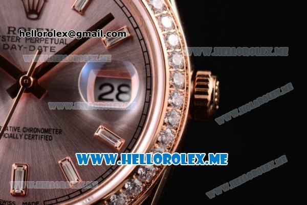 Rolex Day-Date Swiss ETA 2836 Automatic Rose Gold Case/Bracelet with Silver Dial and Stick Markers Diamonds Bezel (BP) - Click Image to Close